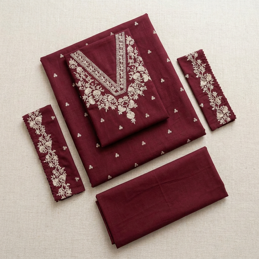 Maroon Embroidered Lawn Shirt with Cotton Trouser Set