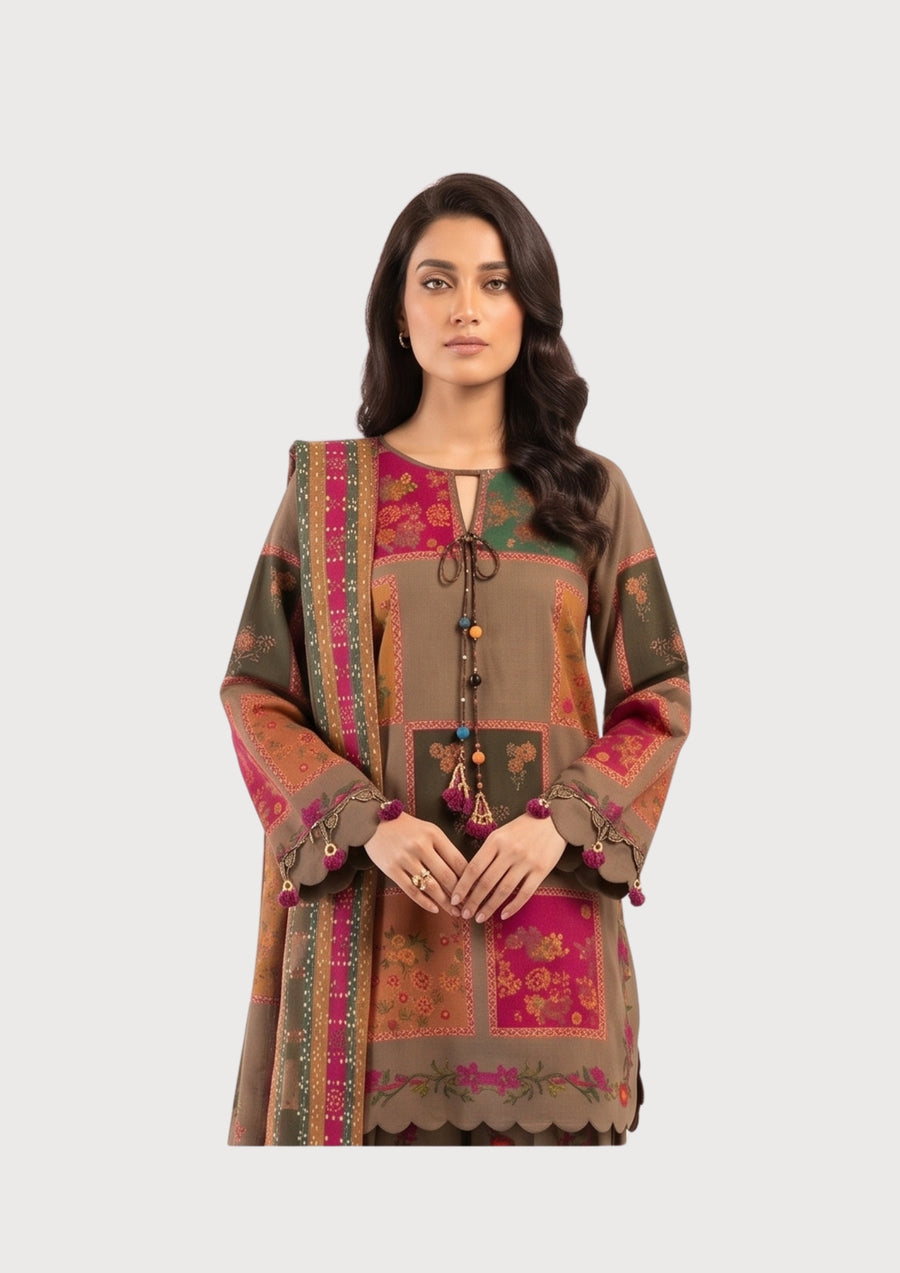 Unstitched Printed Eid Suit Brown Floral Geometric 3Pcs