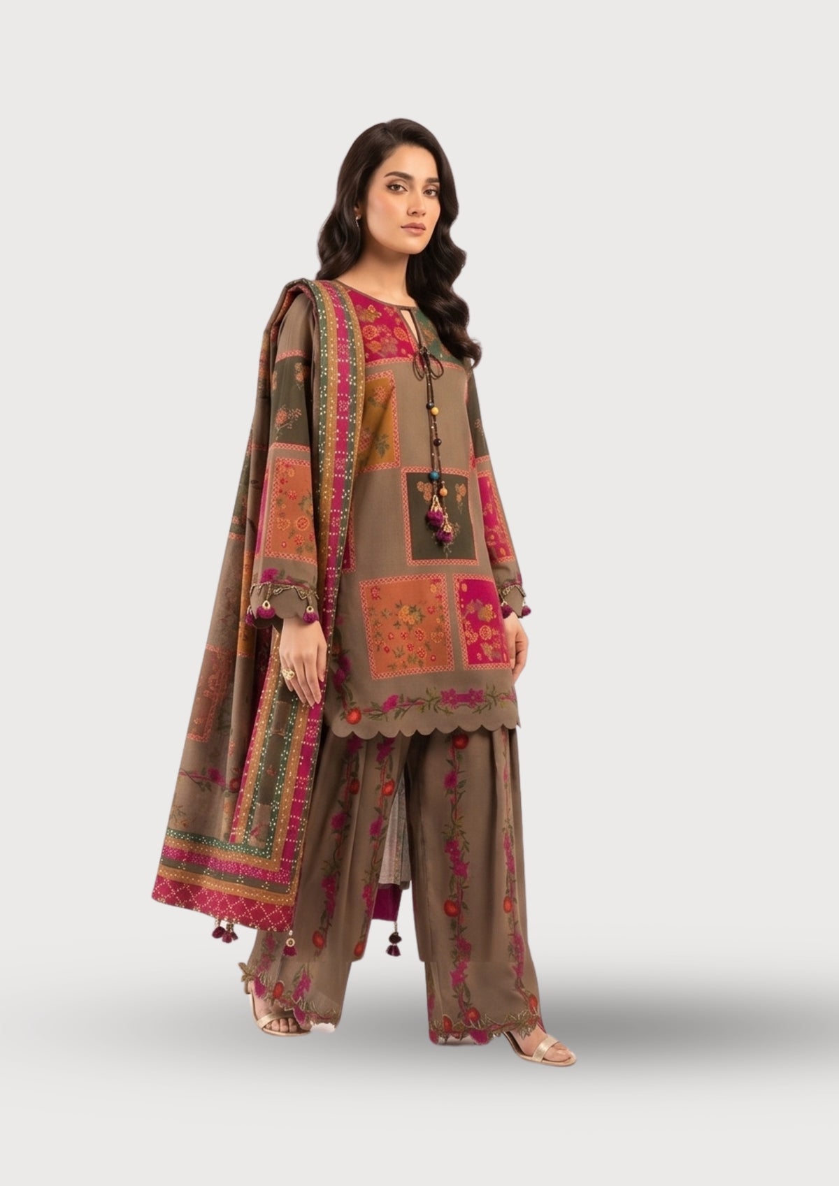 Unstitched Printed Eid Suit Brown Floral Geometric 3Pcs