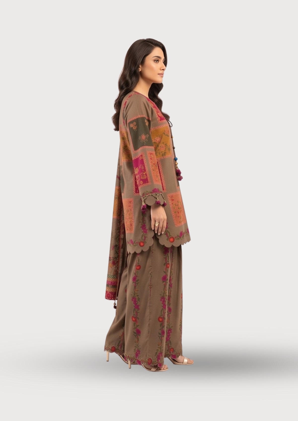 Unstitched Printed Eid Suit Brown Floral Geometric 3Pcs