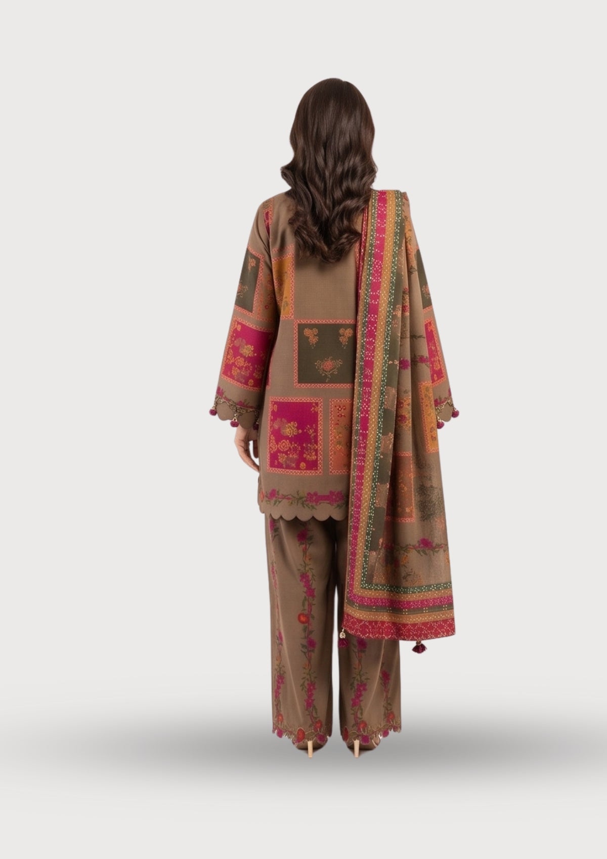 Unstitched Printed Eid Suit Brown Floral Geometric 3Pcs