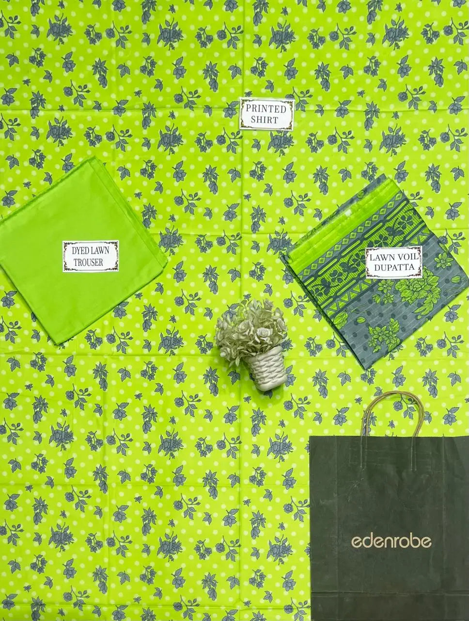Emerald Olive Green Printed Lawn 3-Piece Suit