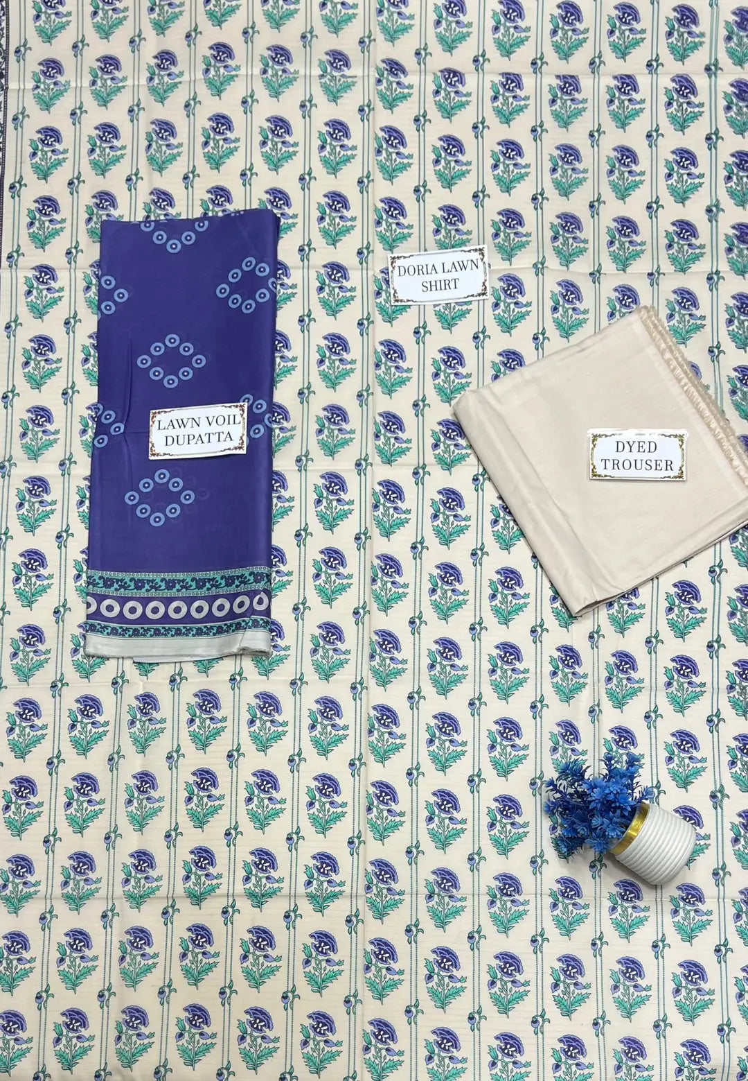 Royal Blue Printed Dobby Lawn 3-Piece Suit