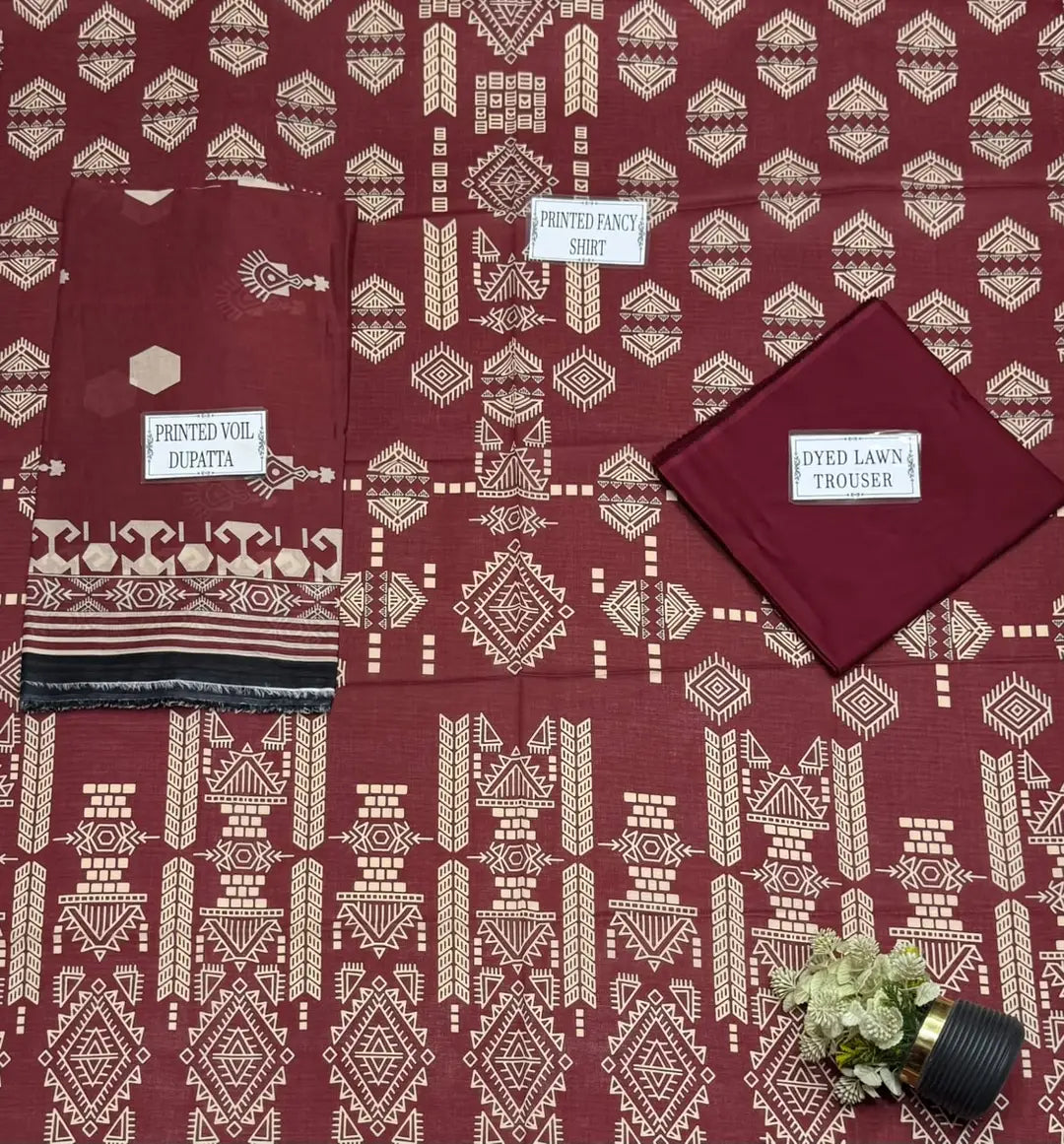 Deep Maroon Printed Lawn 3-Piece Suit