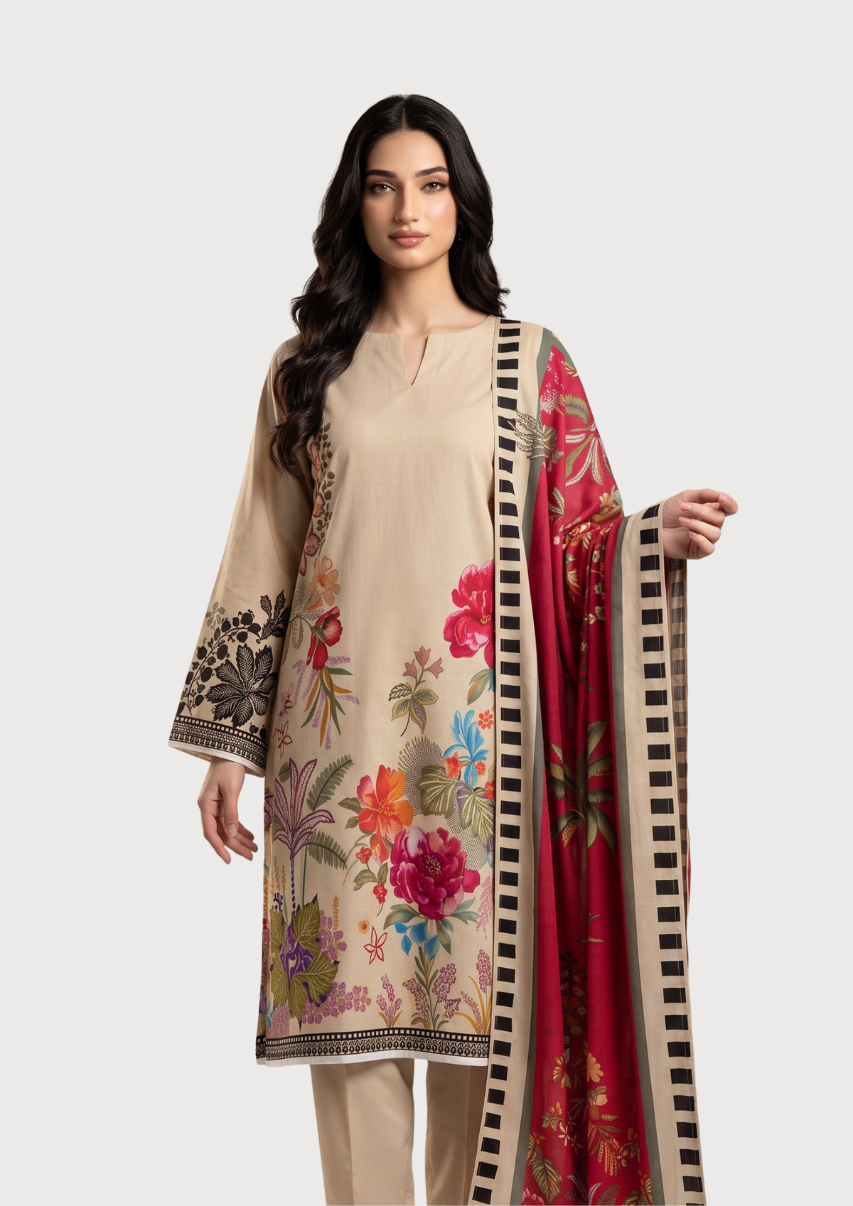 Earthy Brown All-Over Printed Lawn 3-Piece Suit