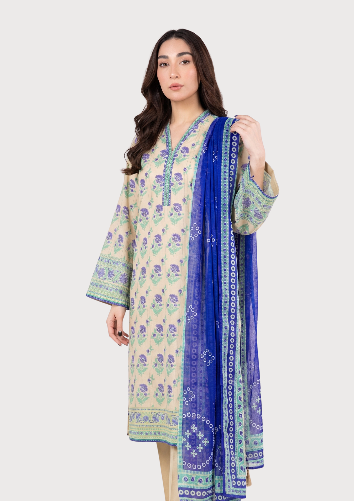Royal Blue Printed Dobby Lawn 3-Piece Suit