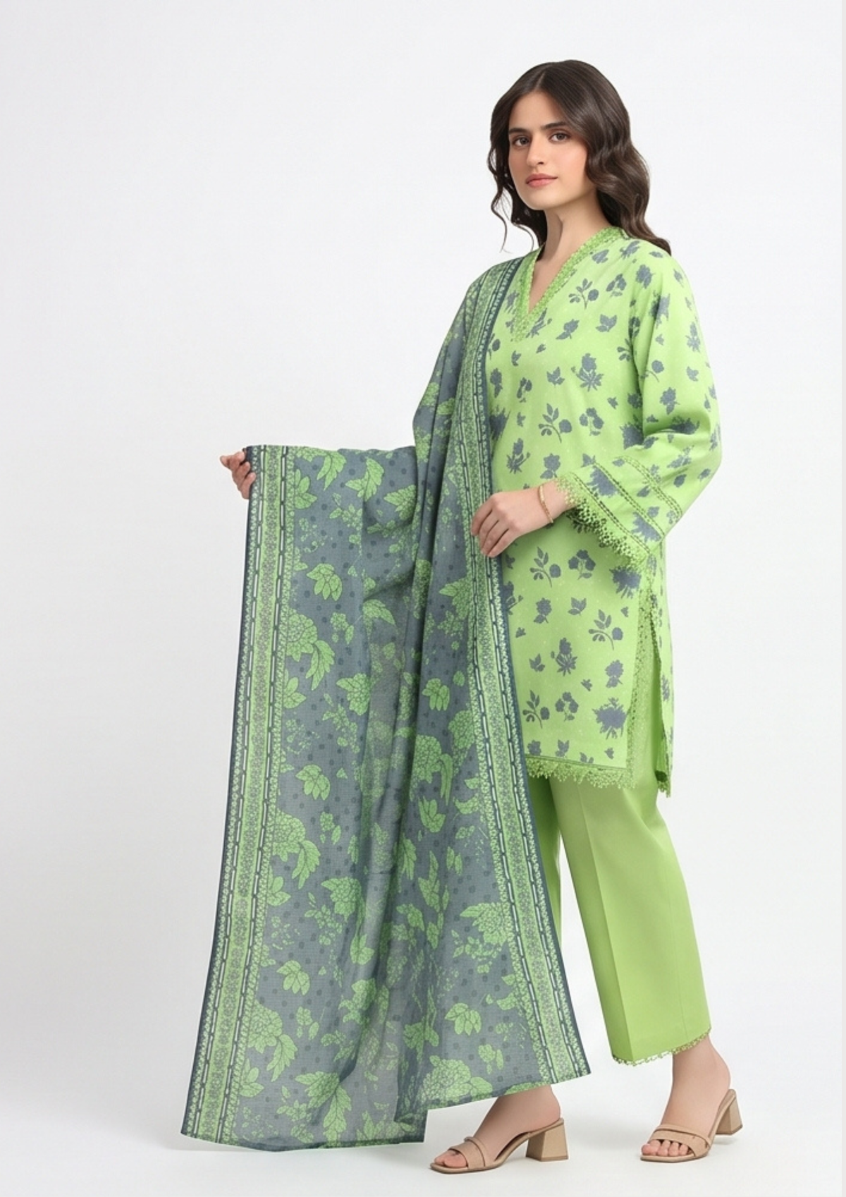 Emerald Olive Green Printed Lawn 3-Piece Suit