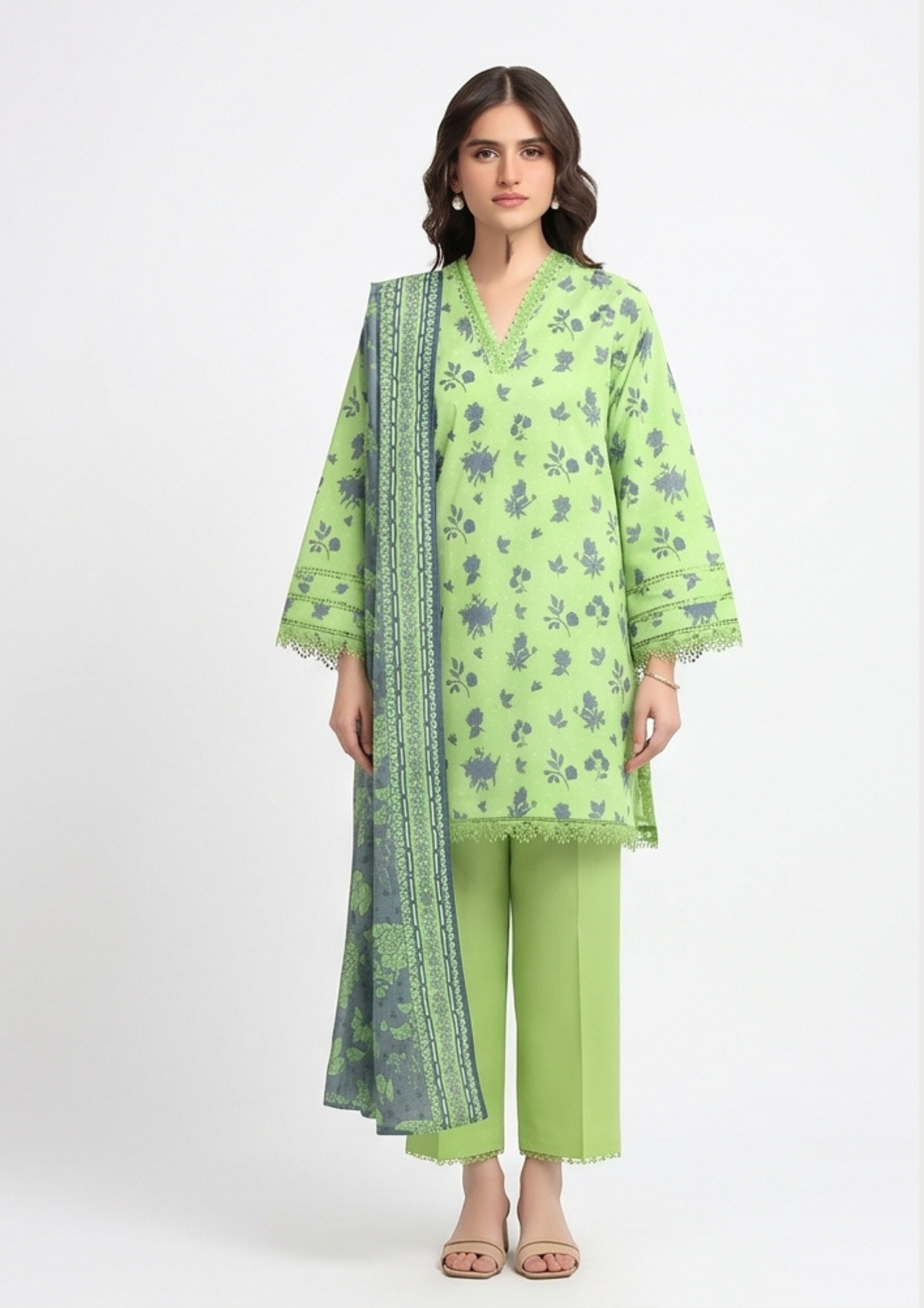 Emerald Olive Green Printed Lawn 3-Piece Suit