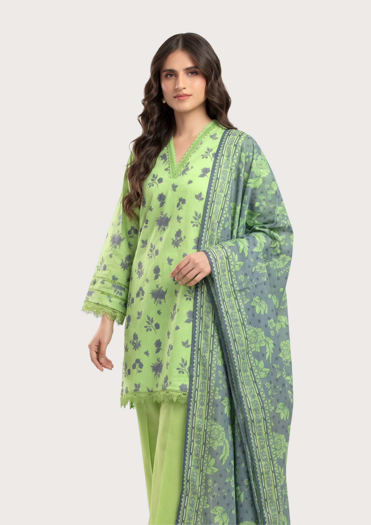 Emerald Olive Green Printed Lawn 3-Piece Suit