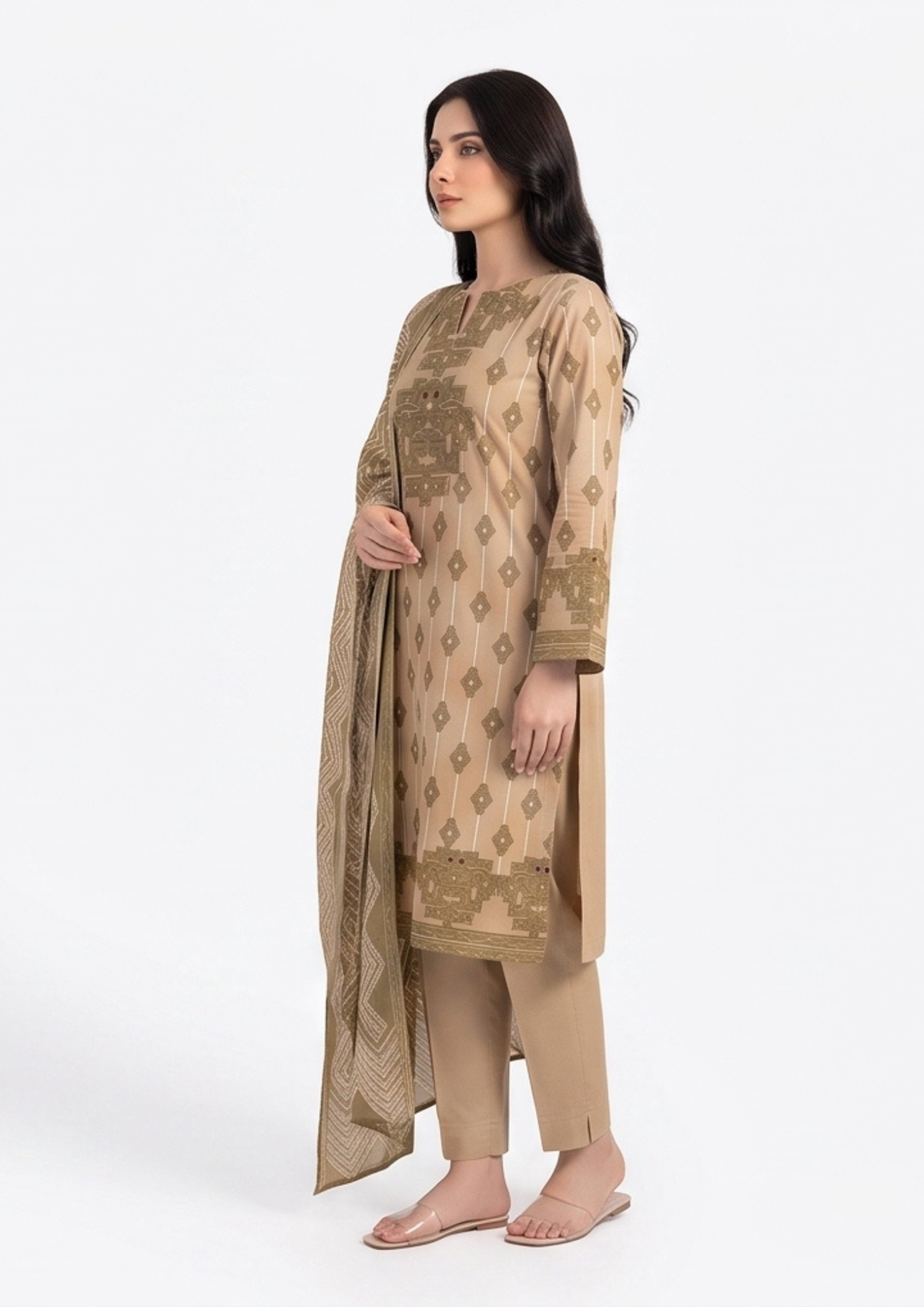 Mocha Brown Printed Lawn 3-Piece Suit