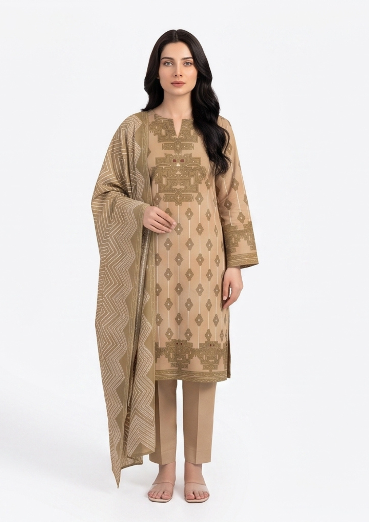 Mocha Brown Printed Lawn 3-Piece Suit
