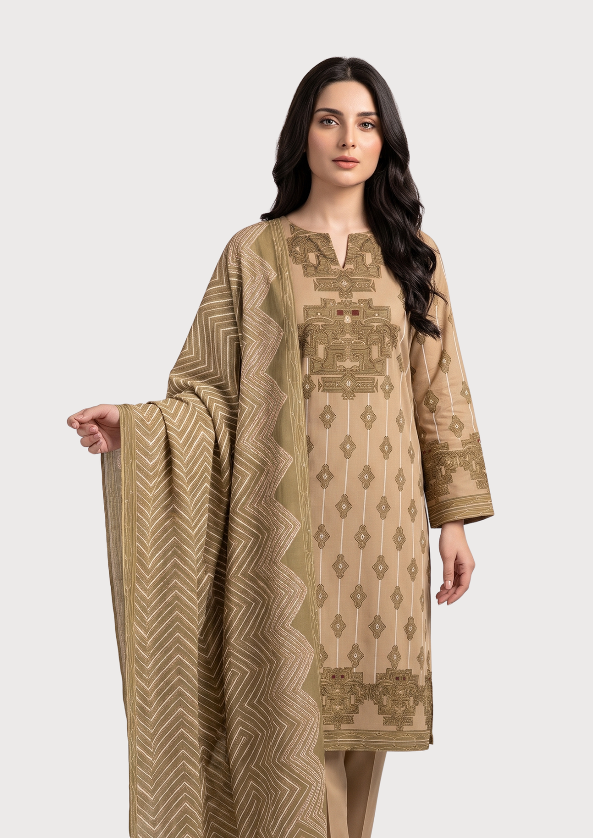 Mocha Brown Printed Lawn 3-Piece Suit